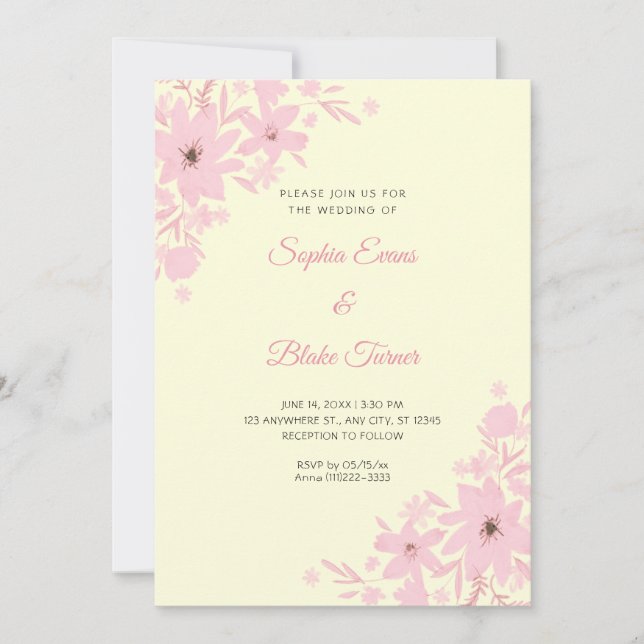 Invitación Flores rosadas románticas, boda floral amarilla (Anverso)