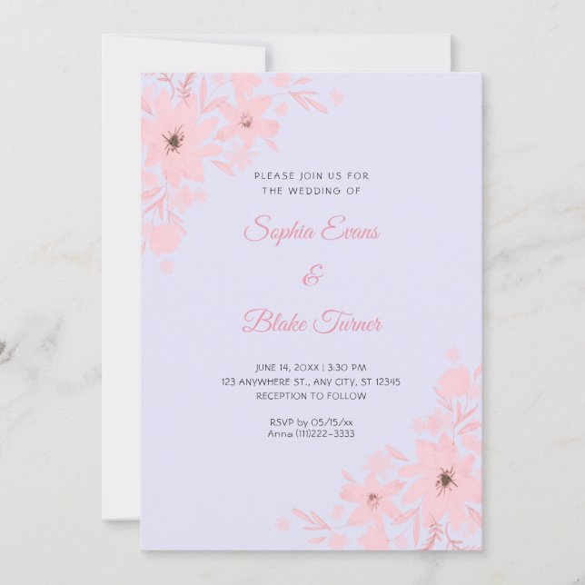 Invitación Flores rosadas románticas, boda floral de lavanda (Anverso)
