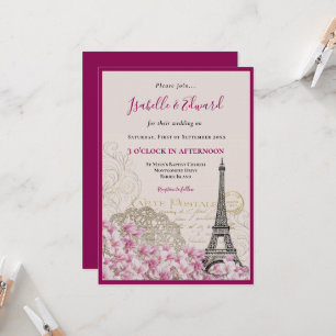 Invitación Flores rosadas románticas Bodas de la Torre Eiffel