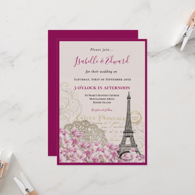 Invitación Flores rosadas románticas Bodas de la Torre Eiffel (Anverso/Reverso In Situ)