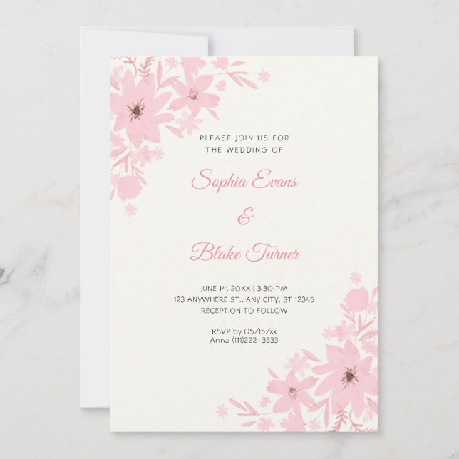 Invitación Flores rosadas románticas, floral blanco crema bod (Anverso)