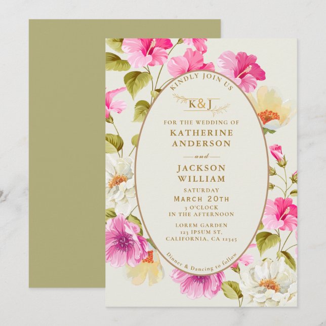 Invitación Flores rosadas rosa Boda de oro (Anverso / Reverso)
