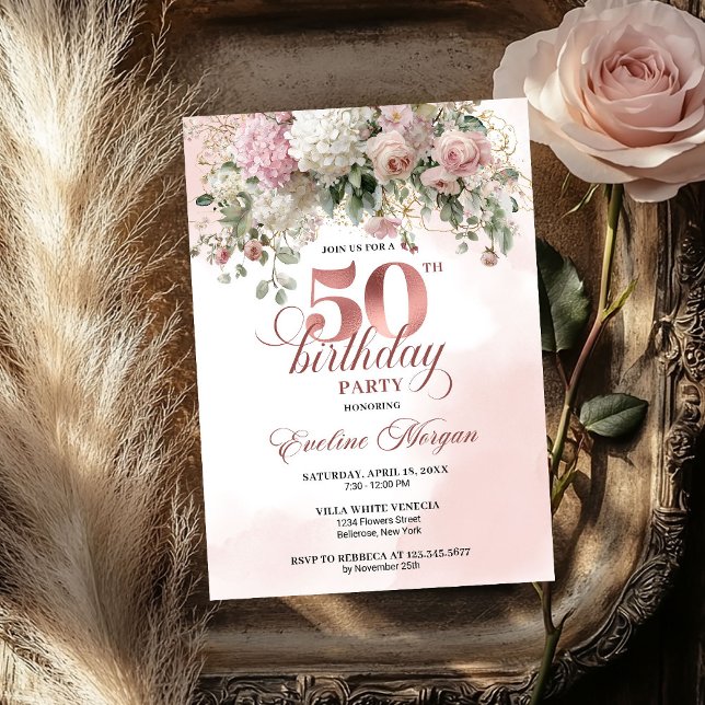 Invitación Flores Rosadas Rosa Dorado Verdor Cumpleaños 50   (Blush Flowers Rose Gold Greenery 50th Birthday Invite for Women

)