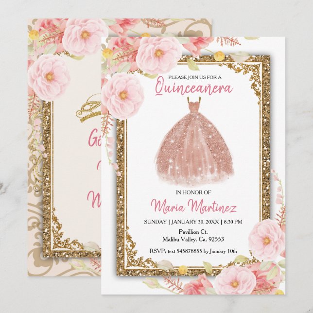 Invitación Flores rosadas Rosa Rubor Quinceanera (Anverso / Reverso)