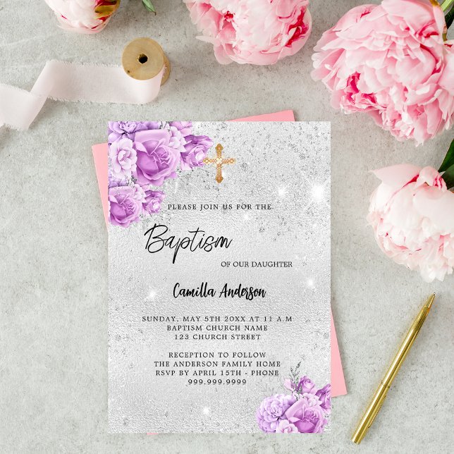Invitación Flores rosadas rosadas plateadas chica lujo Bautis (Subido por el creador)