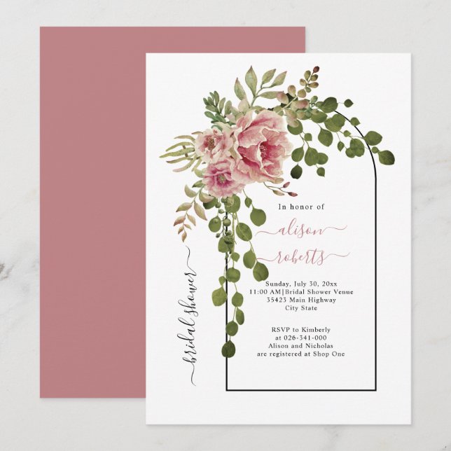 Invitación Flores rosadas rosas turbias arco boda ducha de no (Anverso / Reverso)