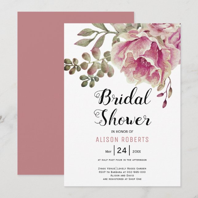 Invitación Flores rosadas rosas turbias boda ducha de novia (Anverso / Reverso)