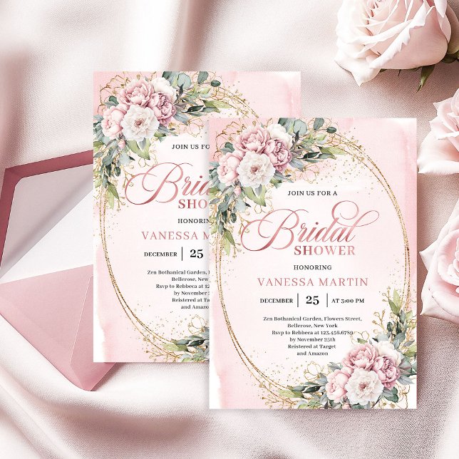 Invitación Flores rosadas rubor bohemio ducha de oro (Bohemian Blush Pink Flowers Gold Shower)