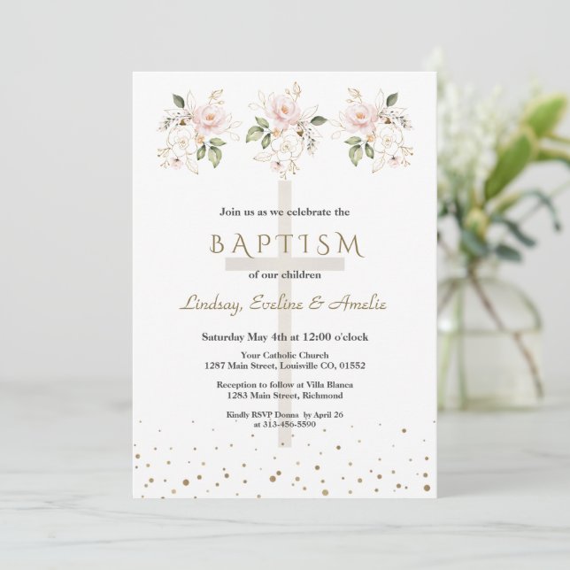 Invitación Flores Rosadas Rubor Chicas Trillizas Bautizo   (Anverso de pie)