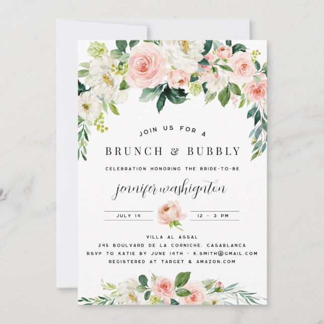 Invitación Flores rosadas Rubor Florals Boho Bridal Shower (Anverso)