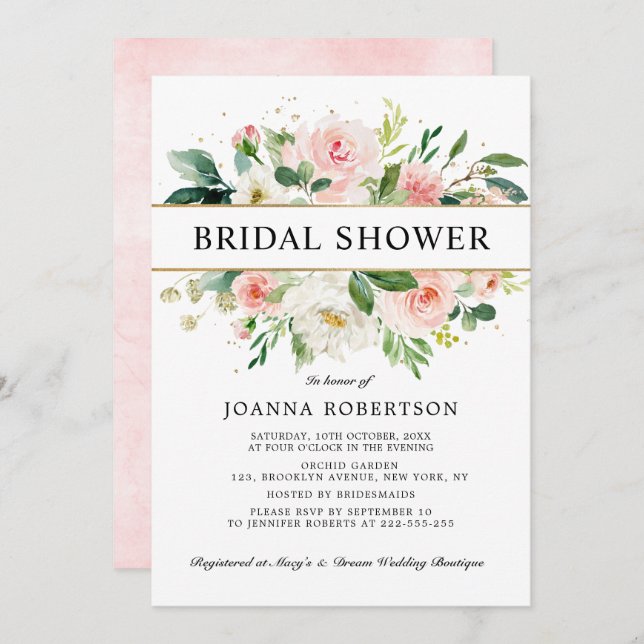 Invitación Flores rosadas Rubor Modern Gold Bridal Shower (Anverso / Reverso)