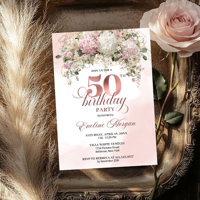 Invitación Flores Rosadas Rubor Rosa Dorado Cumpleaños 50  (Blush Pink Flowers Rose Gold 50th Birthday Party Invitation

)