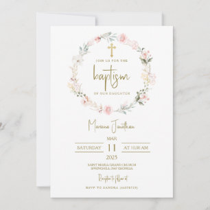 Invitación Flores rosadas rústicas Bautizo Texto