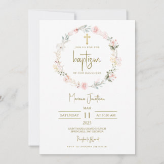 Invitación Flores rosadas rústicas Bautizo Texto