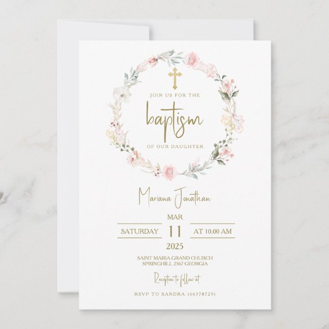 Invitación Flores rosadas rústicas Bautizo Texto (Anverso)