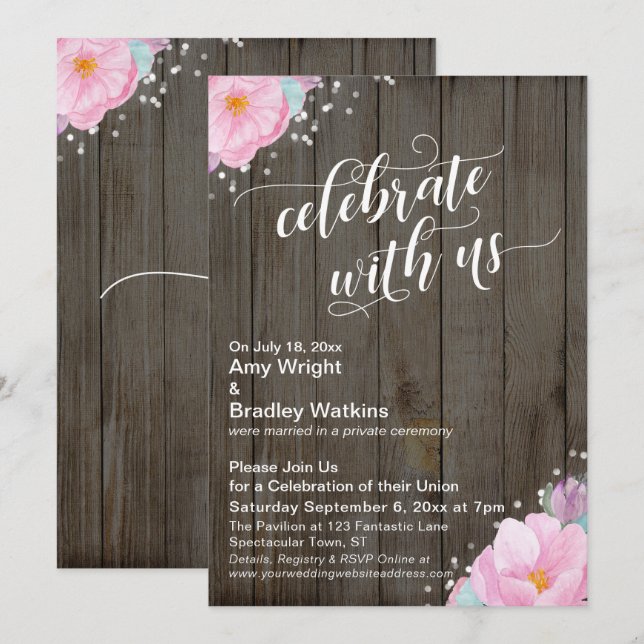 Invitación Flores Rosadas Rústicas Celebran con Nosotros Rece (Anverso / Reverso)