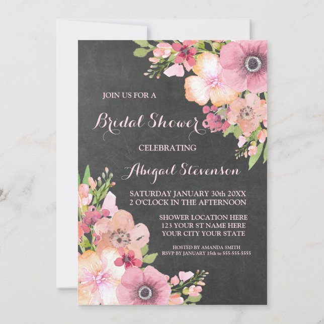 Invitación Flores rosadas rusticas en el tablero de calderas  (Reverso)