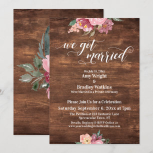 Invitación Flores Rosadas Rústicas Nos Casamos Solo Recepción