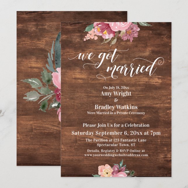 Invitación Flores Rosadas Rústicas Nos Casamos Solo Recepción (Anverso / Reverso)
