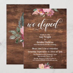 Invitación Flores Rosadas Rústicas Nos Fugamos Solo Recepción