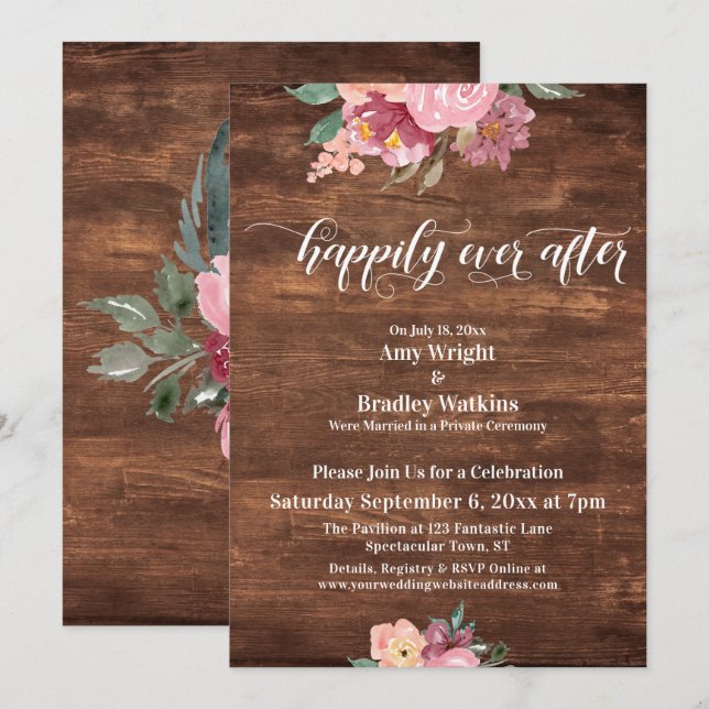 Invitación Flores Rosadas Rústicas Recepción Felices para Sie (Anverso / Reverso)