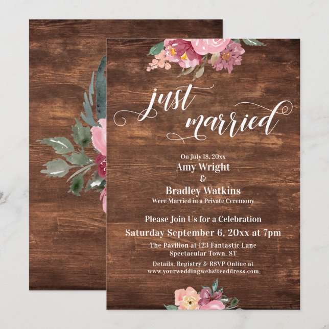 Invitación Flores Rosadas Rústicas Solo Recepción Recién Casa (Anverso / Reverso)