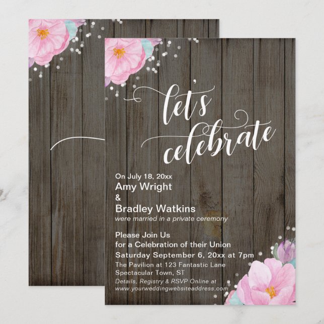 Invitación Flores Rosadas Rústicas Vamos a Celebrar Recepción (Anverso / Reverso)