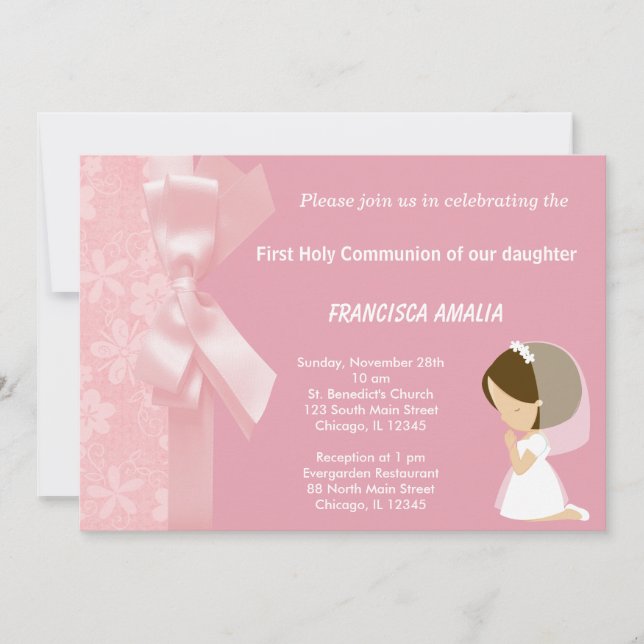 Invitación Flores rosadas Santa Comunión (Anverso)