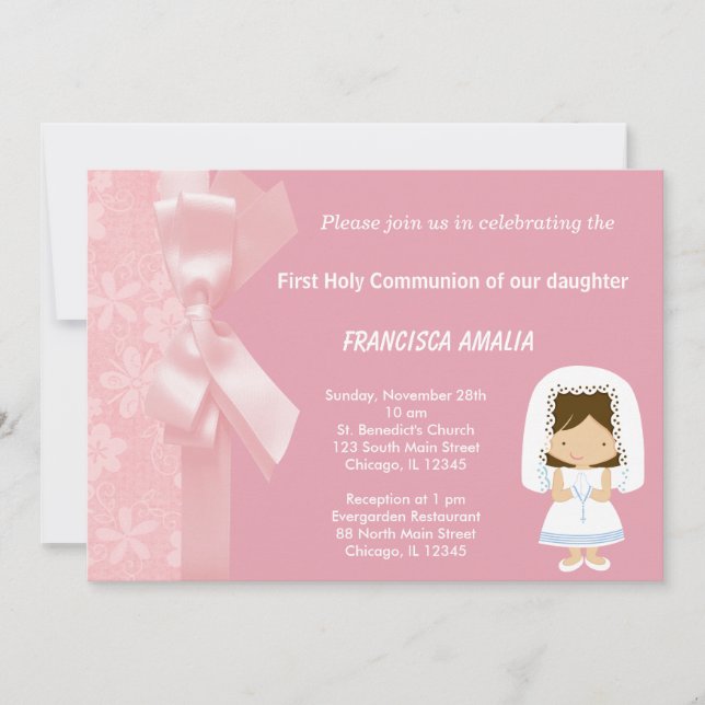 Invitación Flores rosadas Santa Comunión (Anverso)