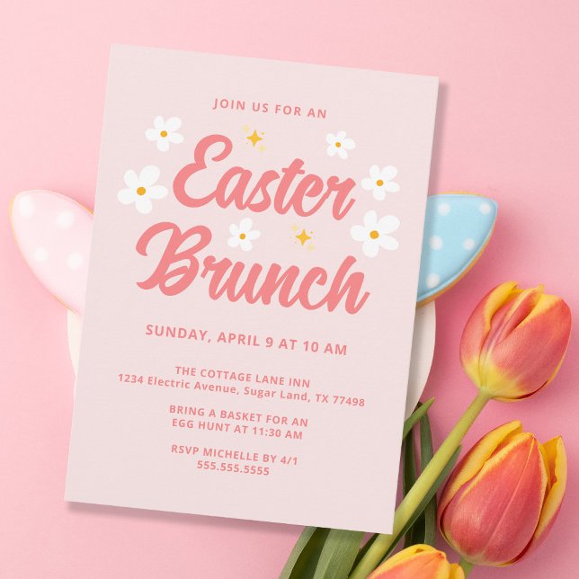 Invitación Flores rosadas simples y lindas Brunch de Pascua (Subido por el creador)