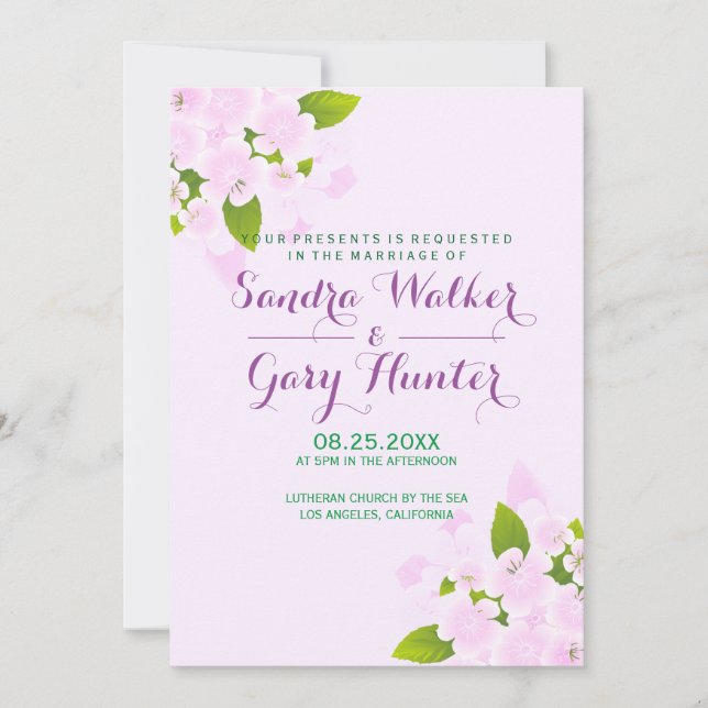 Invitación Flores rosadas sobre fondo de boda rosa claro (Anverso)