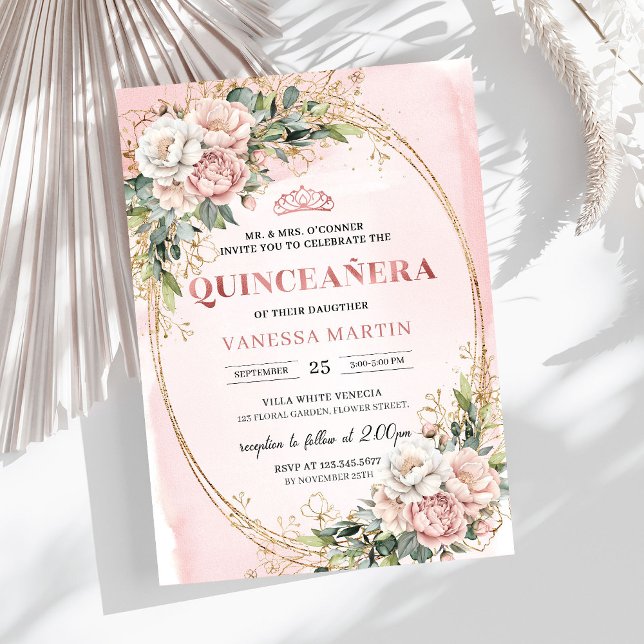 Invitación Flores rosadas sonrojadas vegetación Cumpleaños 15 (Blush Pink Flowers Greenery 15th Birthday Party Invitation

)