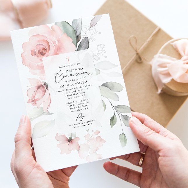 Invitación Flores rosadas sonrojadas, Verdor, Primera Comunió (Subido por el creador)