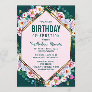 Invitación Flores rosadas Trim de oro Maravilla de Esmeralda 