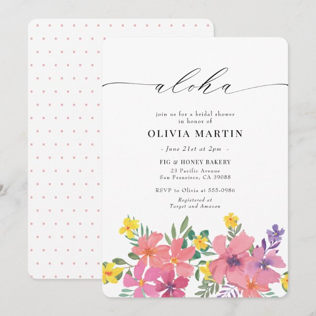Invitación Flores rosadas tropicales Aloha Ducha nupcial (Anverso / Reverso)