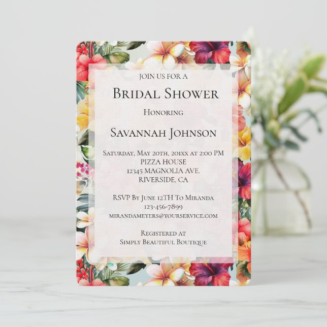 Invitación Flores rosadas tropicales hibiscus, ducha de novia (Anverso de pie)