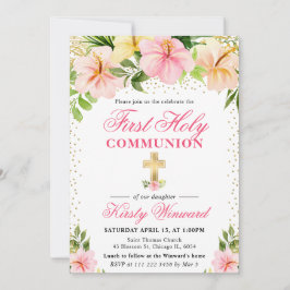 Invitación Flores rosadas tropicales Primera Comunión