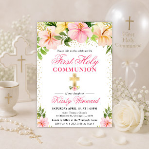 Invitación Flores rosadas tropicales Primera Comunión