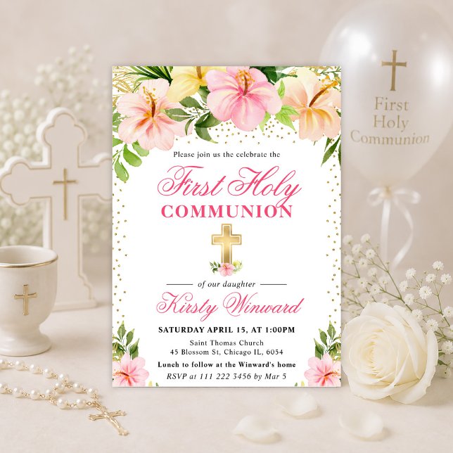 Invitación Flores rosadas tropicales Primera Comunión (Subido por el creador)