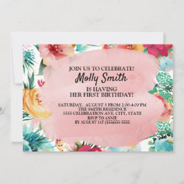 Invitación Flores rosadas turquesas y amarillas Cumpleaños de