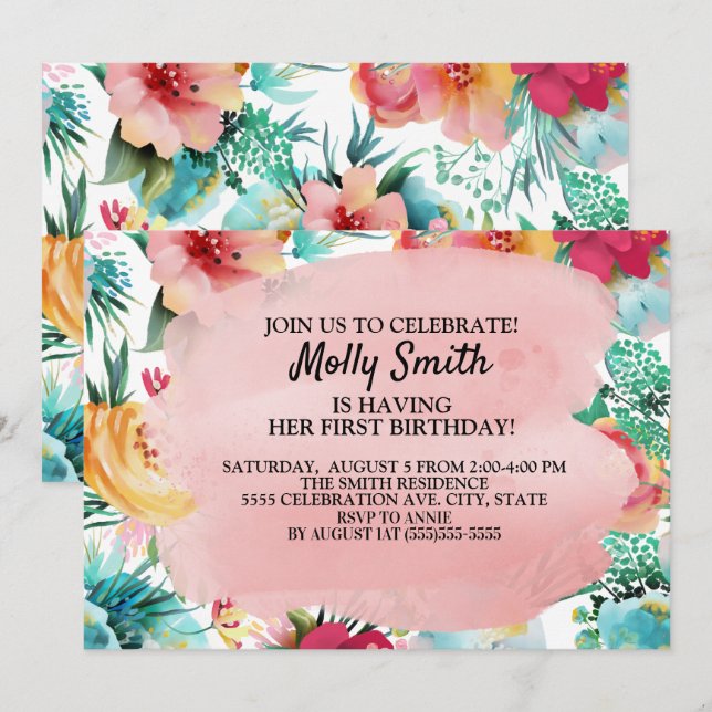Invitación Flores rosadas turquesas y amarillas Cumpleaños de (Anverso / Reverso)