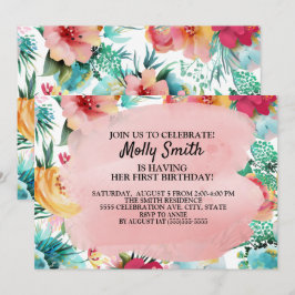 Invitación Flores rosadas turquesas y amarillas Cumpleaños de