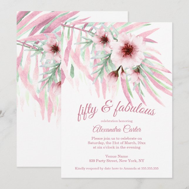Invitación Flores rosadas verdes blancas fabulosas 50 acuarel (Anverso / Reverso)