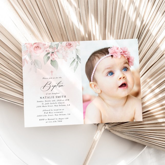 Invitación Flores Rosadas, Verdor, Boho, Bautizo Floral (Subido por el creador)