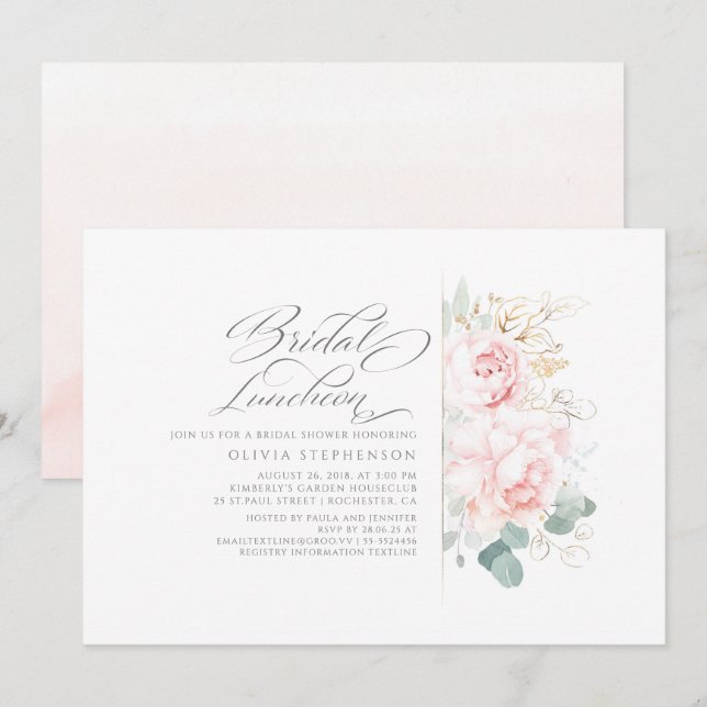 Invitación Flores rosadas Verdor de oro Ducha de novia Lunche (Anverso / Reverso)