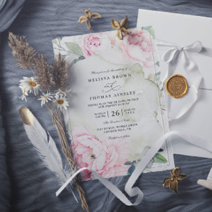 Invitación Flores Rosadas Verdor Elegante Código QR Boda