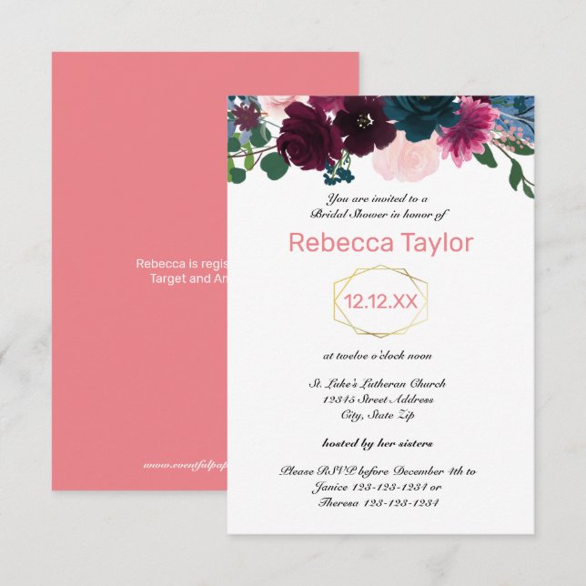 Invitación Flores Rosadas Verticales - 3x5 Bridal Shower (Anverso / Reverso)