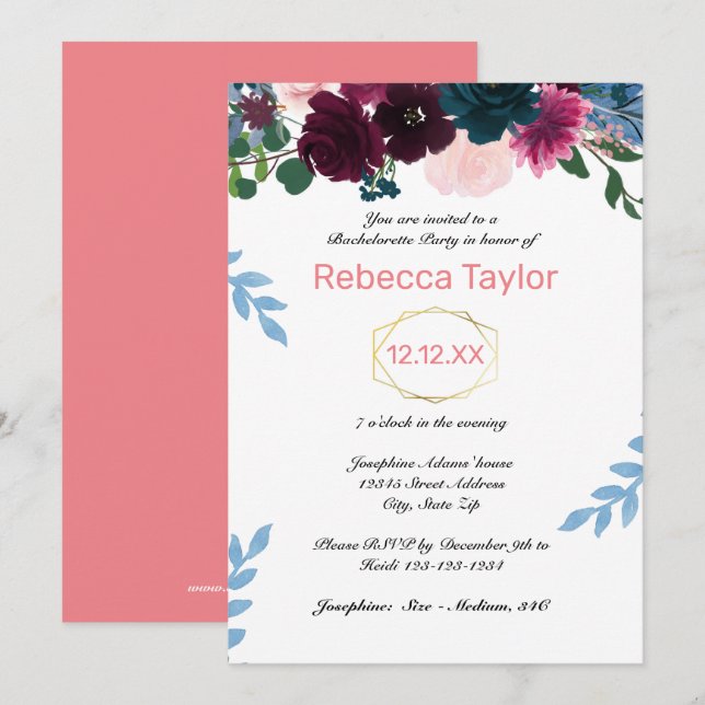 Invitación Flores Rosadas Verticales - Despedida de Soltera (Anverso / Reverso)