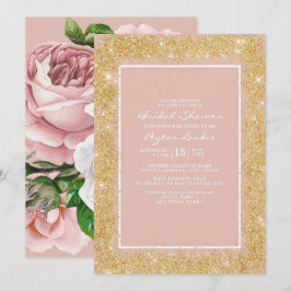 Invitación Flores rosadas vintage con brillo dorado para duch