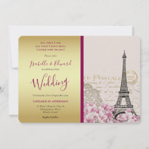 Invitación Flores rosadas vintage Torre Eiffel dorada y burde
